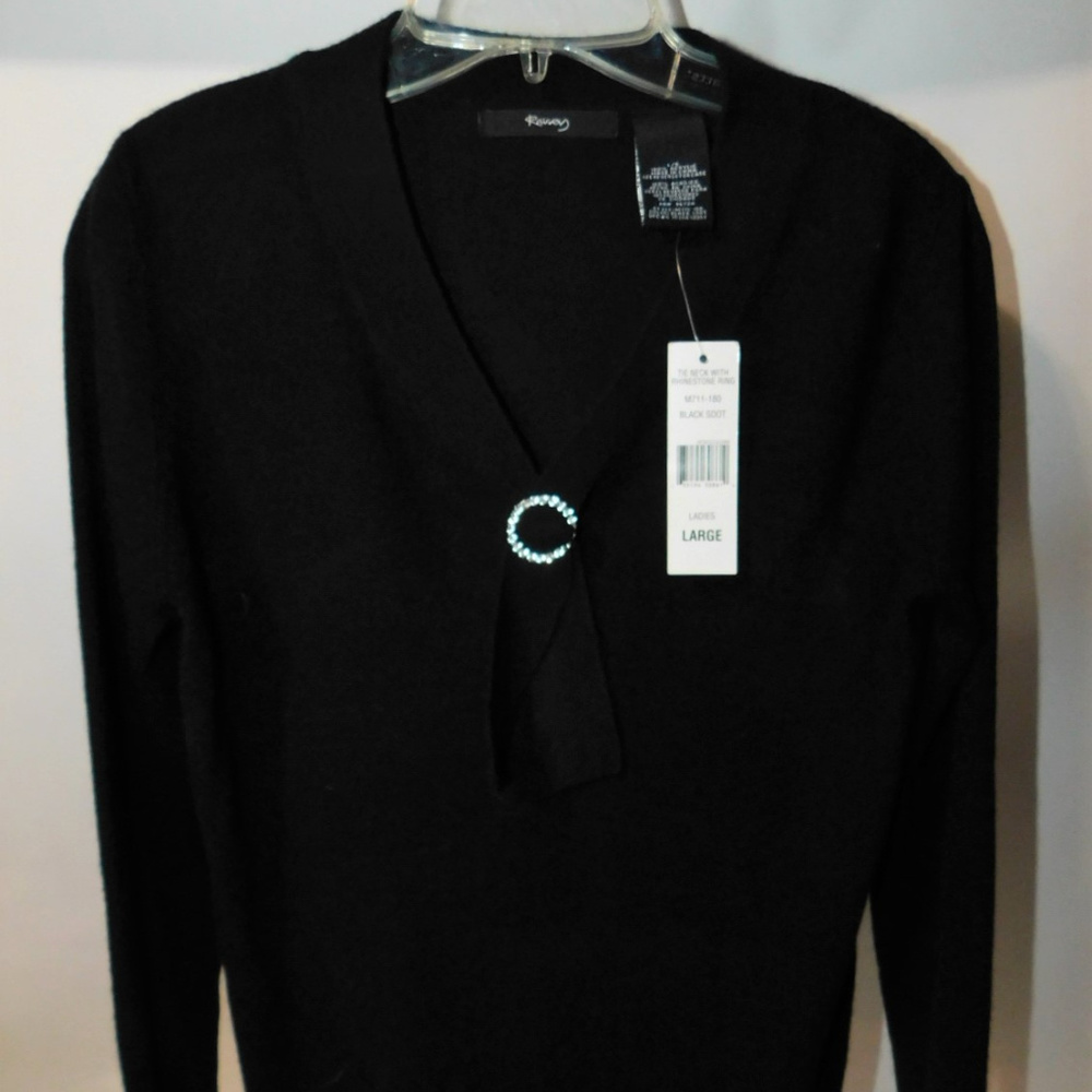 Raisey Tie Neck Sweater with Rhinestones Ring